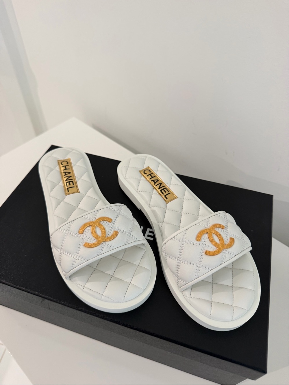 Brand New Chanel White Slide Sandals with Gold CC
